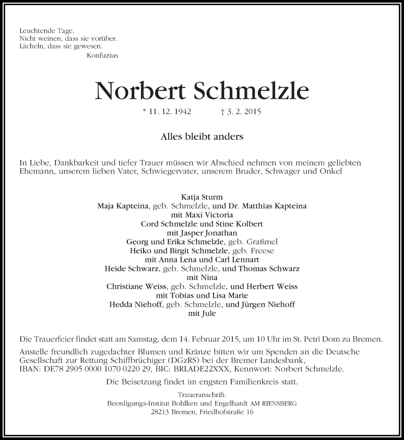  Traueranzeige für Norbert Schmelzle vom 07.02.2015 aus WESER-KURIER