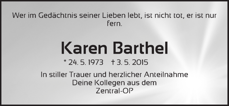  Traueranzeige für Karen Barthel vom 13.05.2015 aus WESER-KURIER