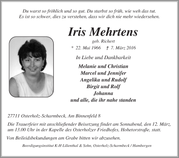 Traueranzeigen Von Iris Mehrtens Trauer Gedenken