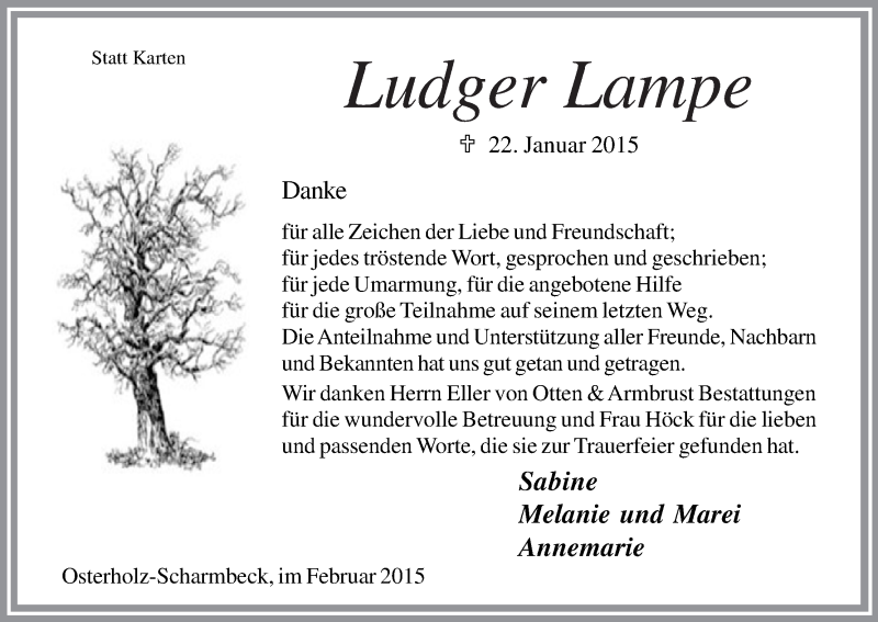  Traueranzeige für Ludger Lampe vom 07.02.2015 aus Osterholzer Kreisblatt
