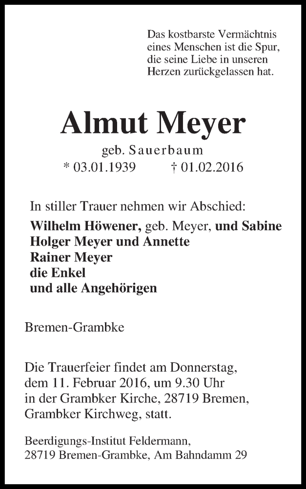  Traueranzeige für Almut Meyer vom 04.02.2016 aus WESER-KURIER
