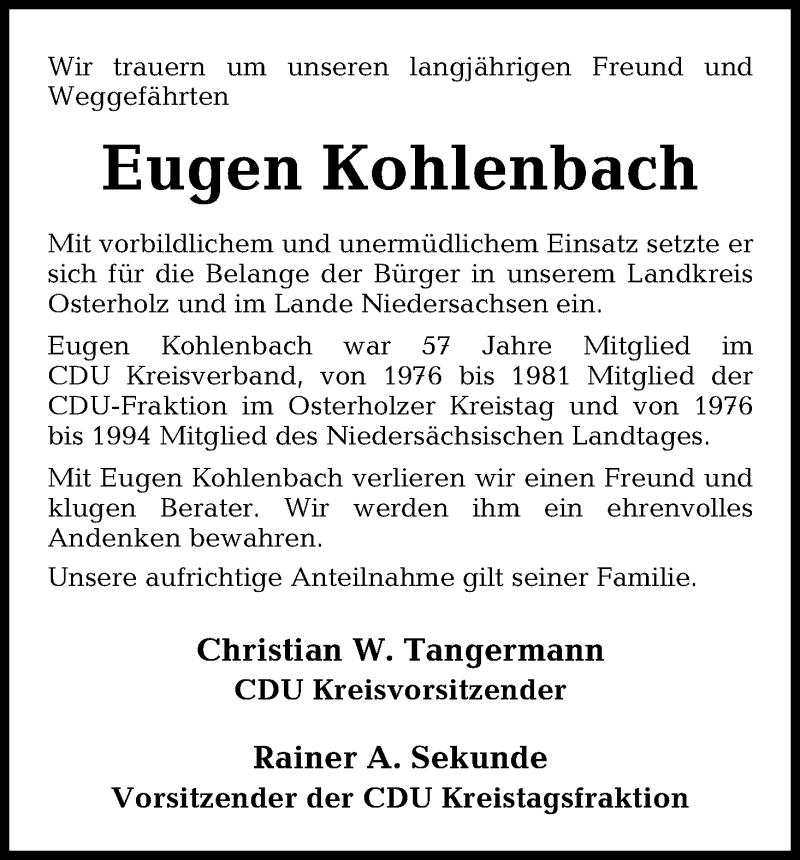  Traueranzeige für Eugen Kohlenbach vom 30.01.2016 aus Osterholzer Kreisblatt