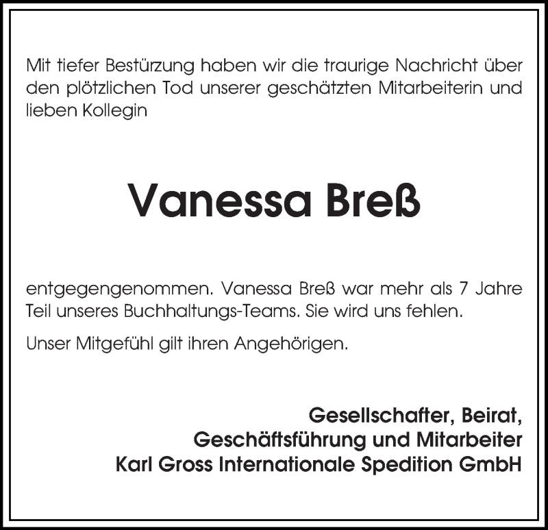  Traueranzeige für Vanessa Breß vom 20.08.2015 aus WESER-KURIER