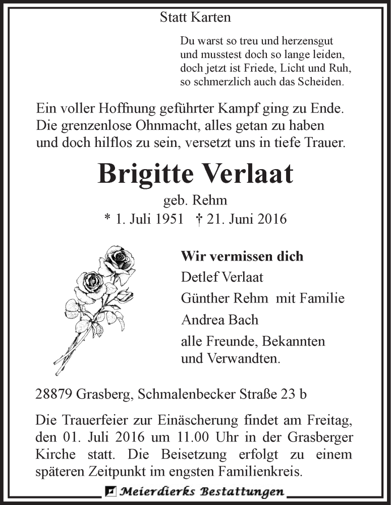  Traueranzeige für Brigitte Verlaat vom 25.06.2016 aus Wuemme Zeitung