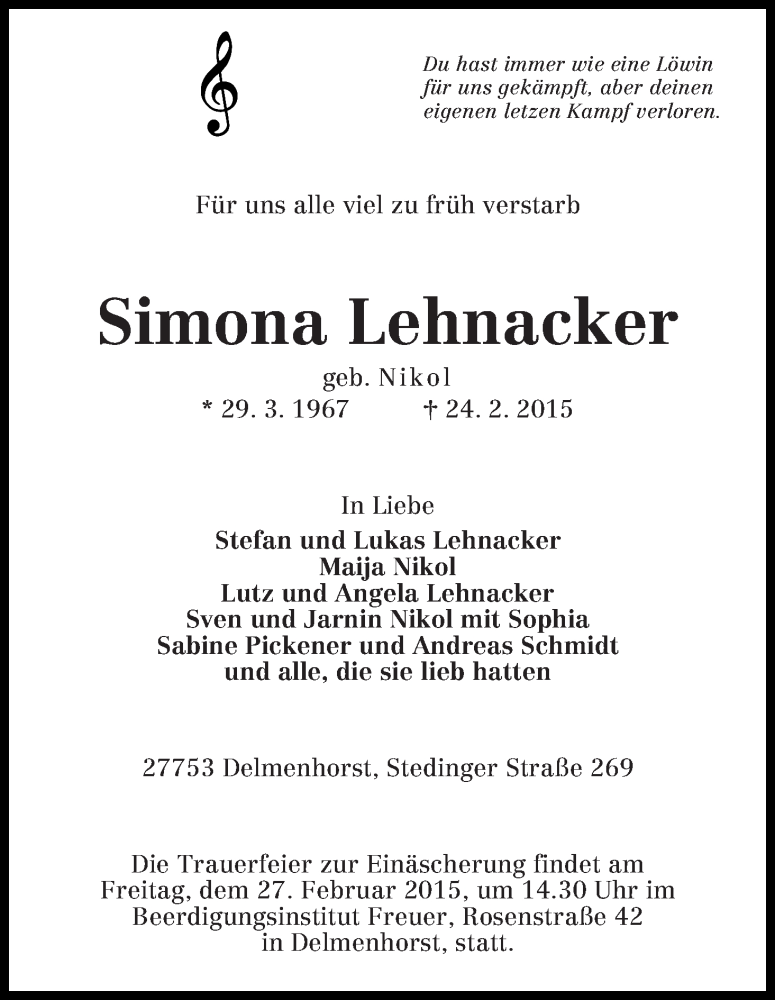  Traueranzeige für Simona Lehnacker vom 26.02.2015 aus WESER-KURIER