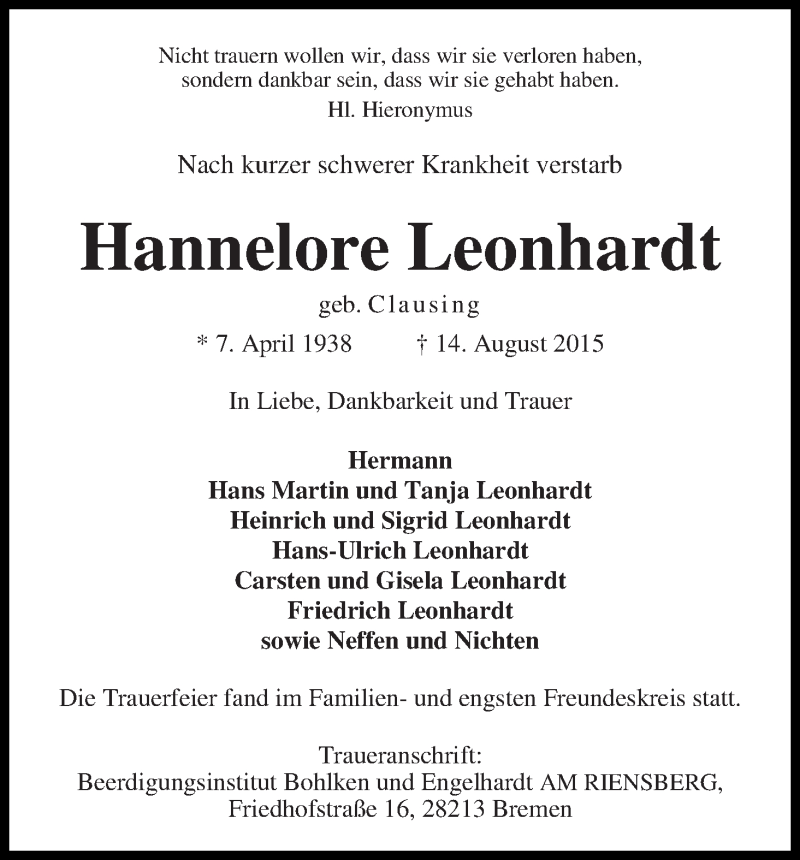  Traueranzeige für Hannelore Leonhardt vom 22.08.2015 aus WESER-KURIER