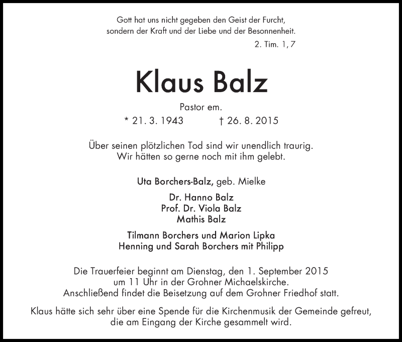  Traueranzeige für Klaus Balz vom 29.08.2015 aus Die Norddeutsche