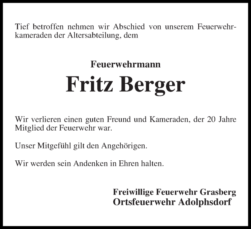  Traueranzeige für Fritz Berger vom 29.06.2016 aus Wuemme Zeitung
