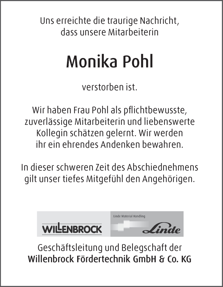  Traueranzeige für Monika Pohl vom 21.02.2015 aus WESER-KURIER