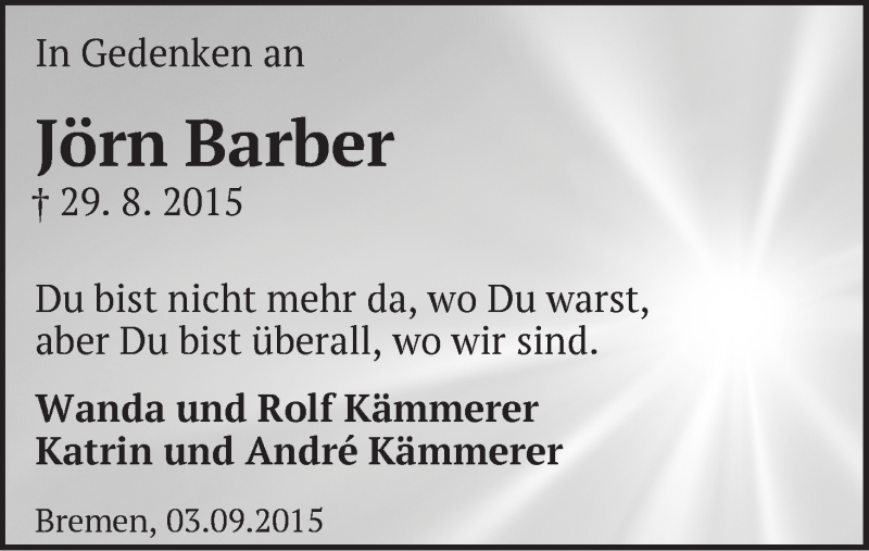  Traueranzeige für Jörn Barber vom 03.09.2015 aus WESER-KURIER