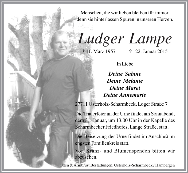 Traueranzeige für Ludger Lampe vom 24.01.2015 aus Osterholzer Kreisblatt