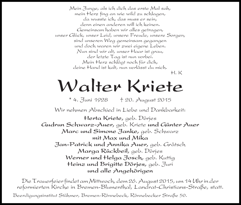  Traueranzeige für Walter Kriete vom 24.08.2015 aus Die Norddeutsche