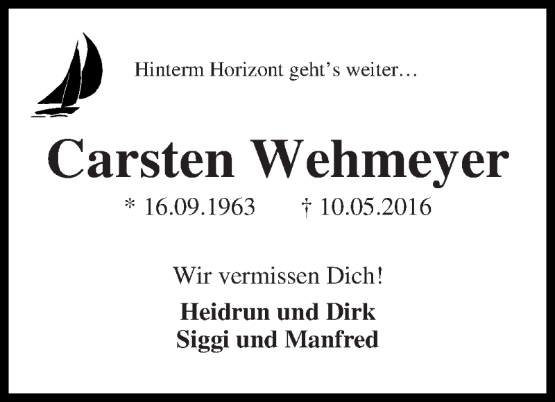 Traueranzeige für Carsten Wehmeyer vom 28.05.2016 aus WESER-KURIER