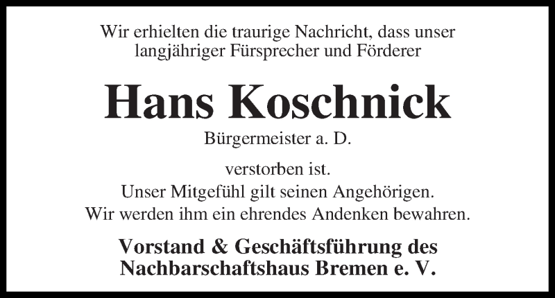  Traueranzeige für Hans Koschnick vom 26.04.2016 aus WESER-KURIER
