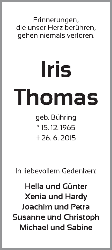  Traueranzeige für Iris Thomas vom 04.07.2015 aus WESER-KURIER