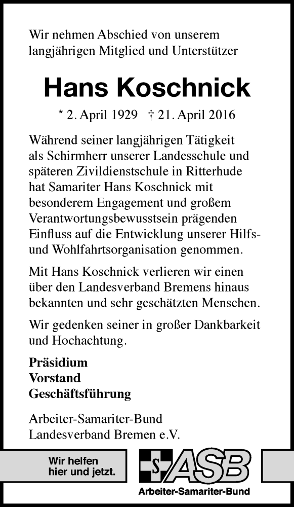  Traueranzeige für Hans Koschnick vom 30.04.2016 aus WESER-KURIER