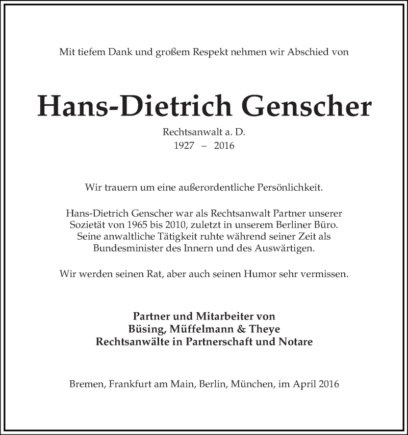  Traueranzeige für Hans-Dietrich Genscher vom 06.04.2016 aus WESER-KURIER