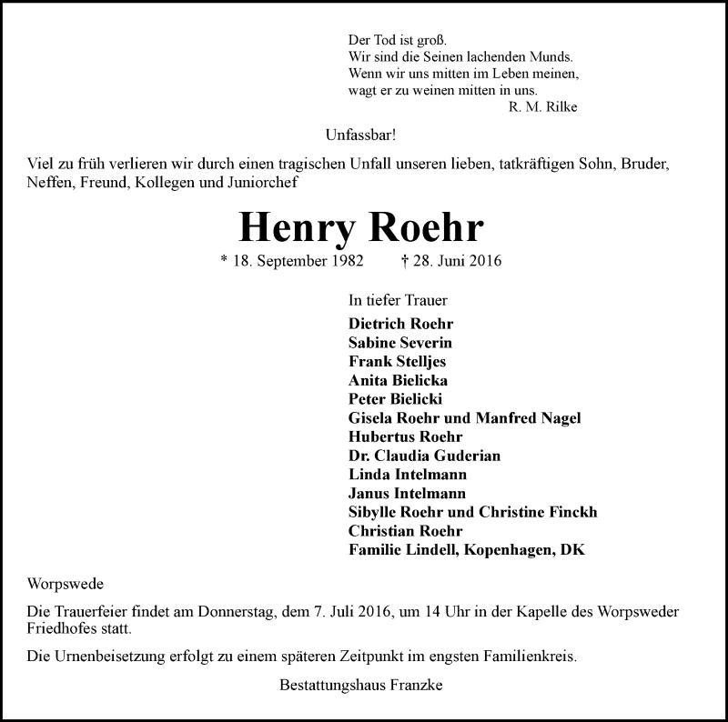  Traueranzeige für Henry Roehr vom 02.07.2016 aus WESER-KURIER