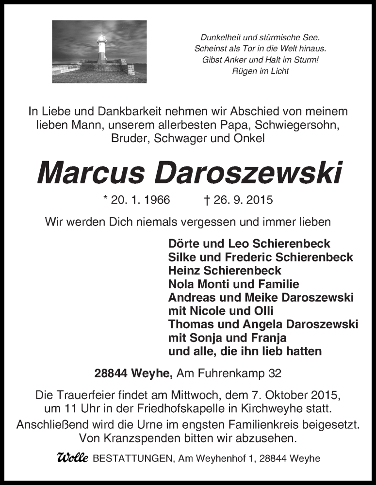  Traueranzeige für Marcus Daroszewski vom 29.09.2015 aus WESER-KURIER