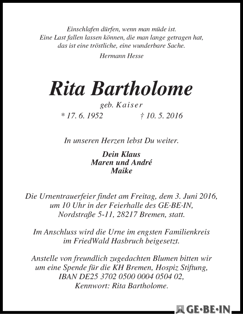  Traueranzeige für Rita Bartholome vom 28.05.2016 aus WESER-KURIER