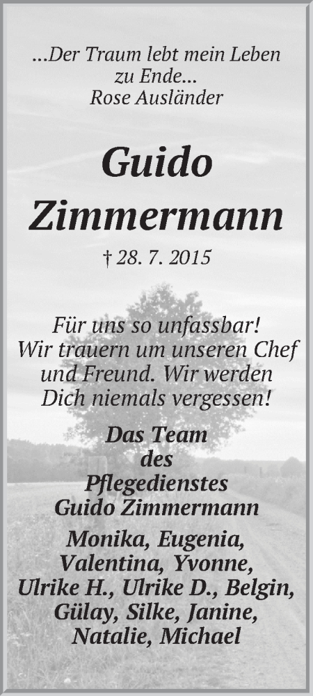  Traueranzeige für Guido Zimmermann vom 15.08.2015 aus WESER-KURIER