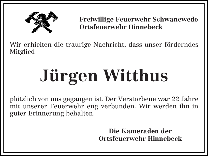  Traueranzeige für Jürgen Witthus vom 17.04.2015 aus Die Norddeutsche