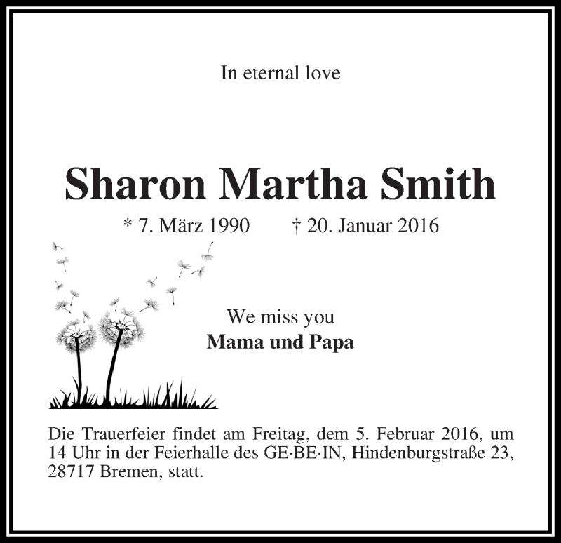  Traueranzeige für Sharon Martha Smith vom 01.02.2016 aus Die Norddeutsche