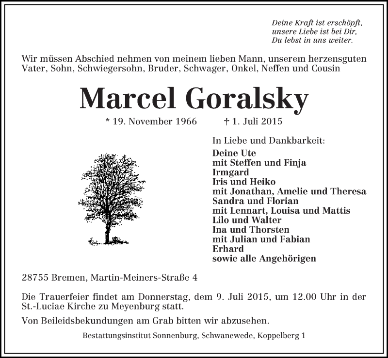  Traueranzeige für Marcel Goralsky vom 04.07.2015 aus Die Norddeutsche