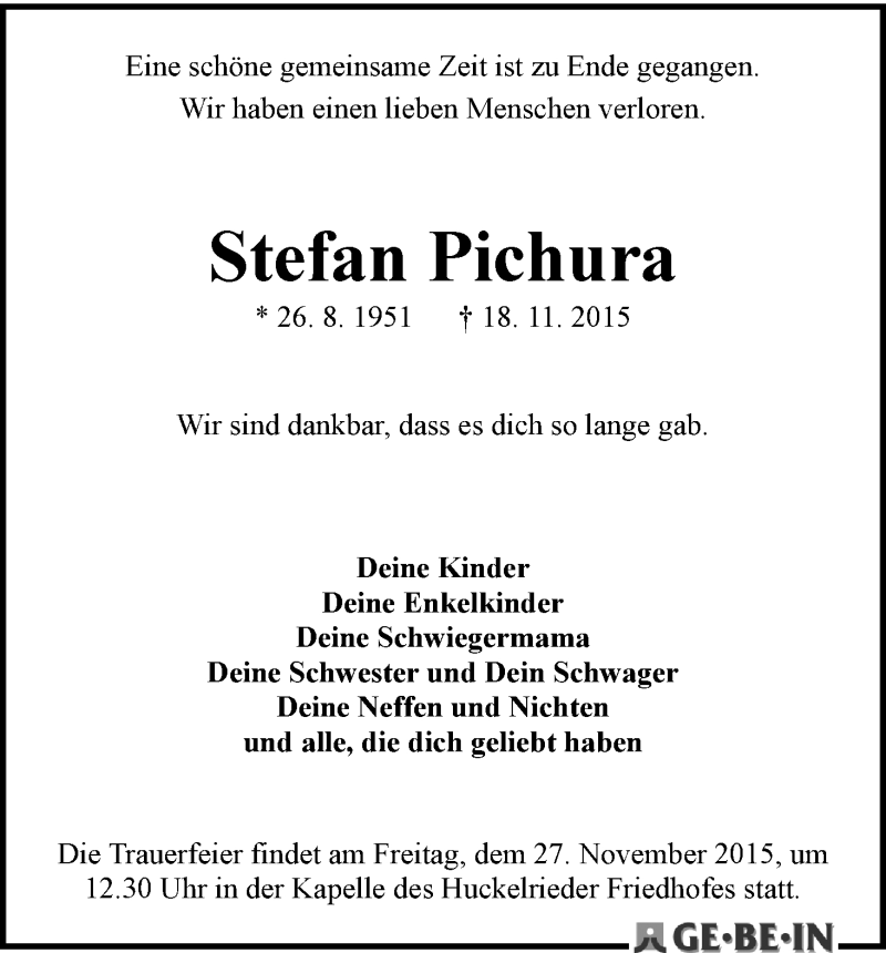  Traueranzeige für Stefan Pichura vom 25.11.2015 aus WESER-KURIER