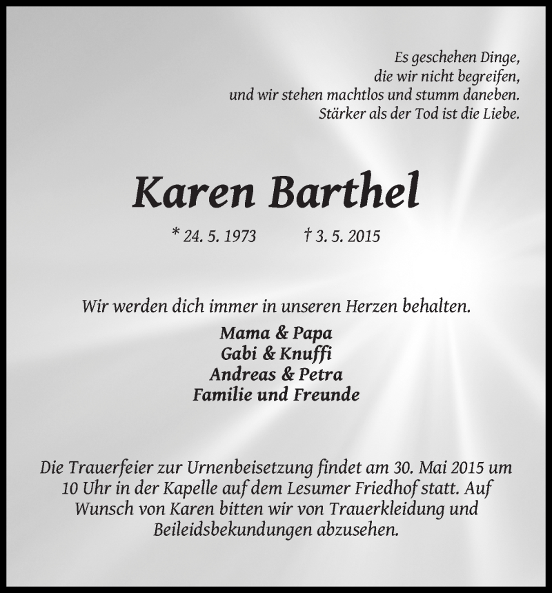  Traueranzeige für Karen Barthel vom 23.05.2015 aus Die Norddeutsche