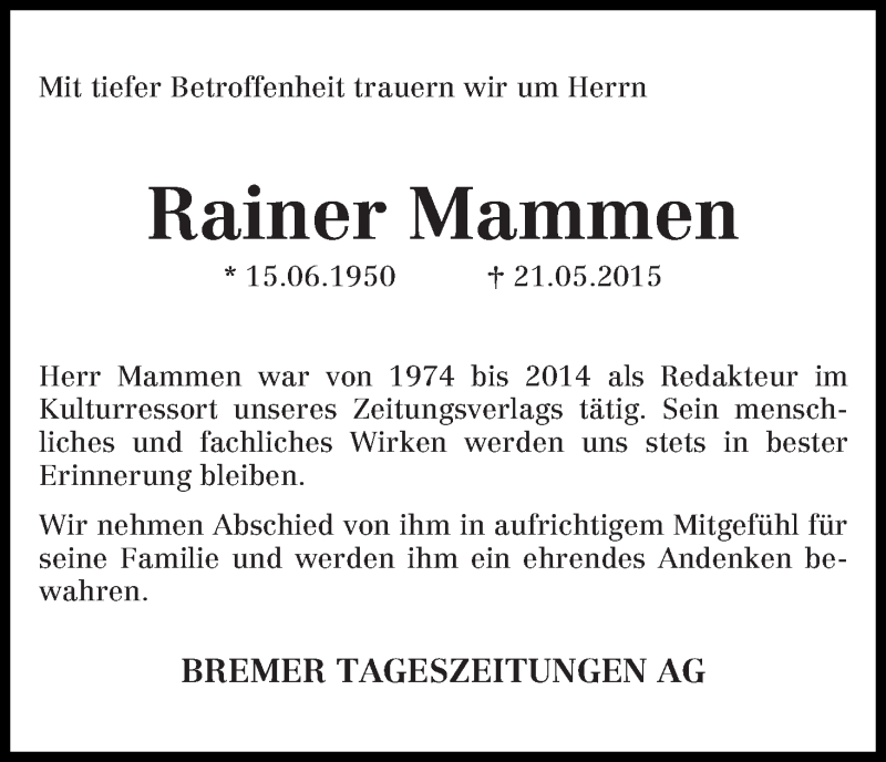  Traueranzeige für Rainer Mammen vom 30.05.2015 aus WESER-KURIER