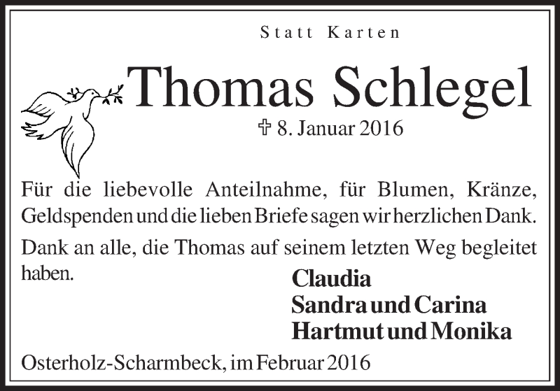  Traueranzeige für Thomas Schlegel vom 06.02.2016 aus WESER-KURIER