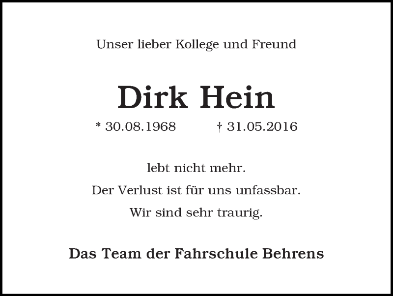  Traueranzeige für Dirk Hein vom 11.06.2016 aus WESER-KURIER