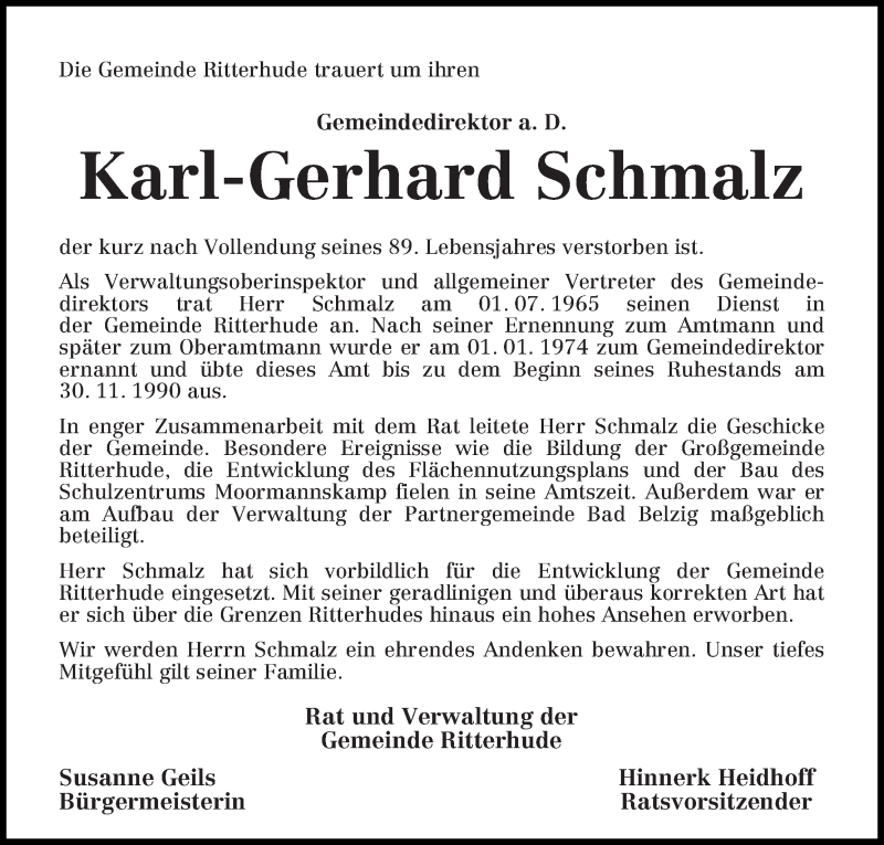  Traueranzeige für Karl-Gerhard Schmalz vom 26.02.2015 aus Die Norddeutsche