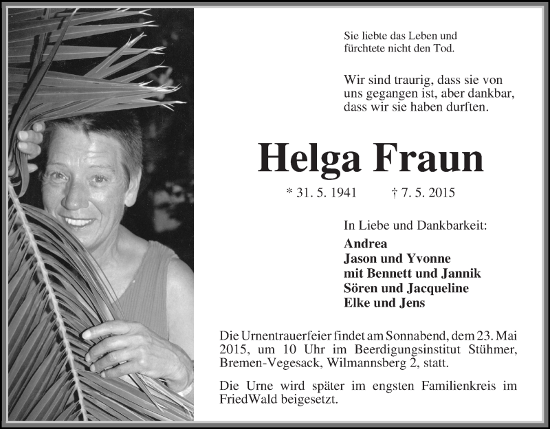  Traueranzeige für Helga Fraun vom 16.05.2015 aus Die Norddeutsche