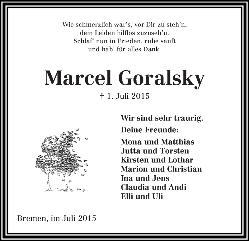  Traueranzeige für Marcel Goralsky vom 06.07.2015 aus Die Norddeutsche