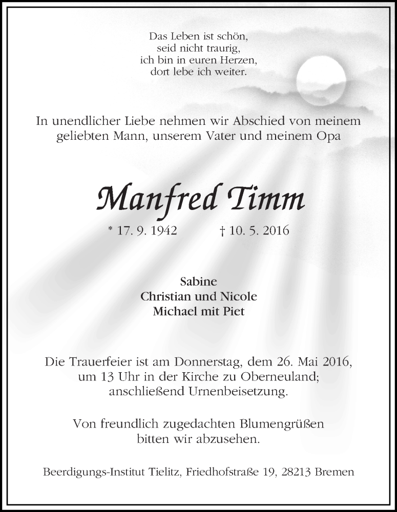  Traueranzeige für Manfred Timm vom 21.05.2016 aus WESER-KURIER