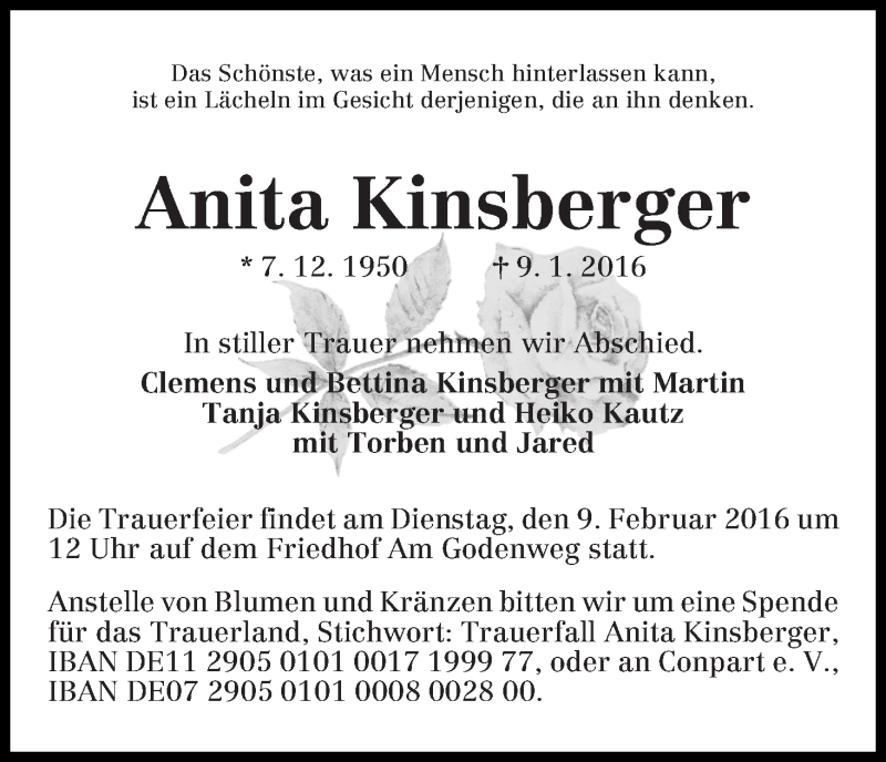  Traueranzeige für Anita Kinsberger vom 30.01.2016 aus Die Norddeutsche