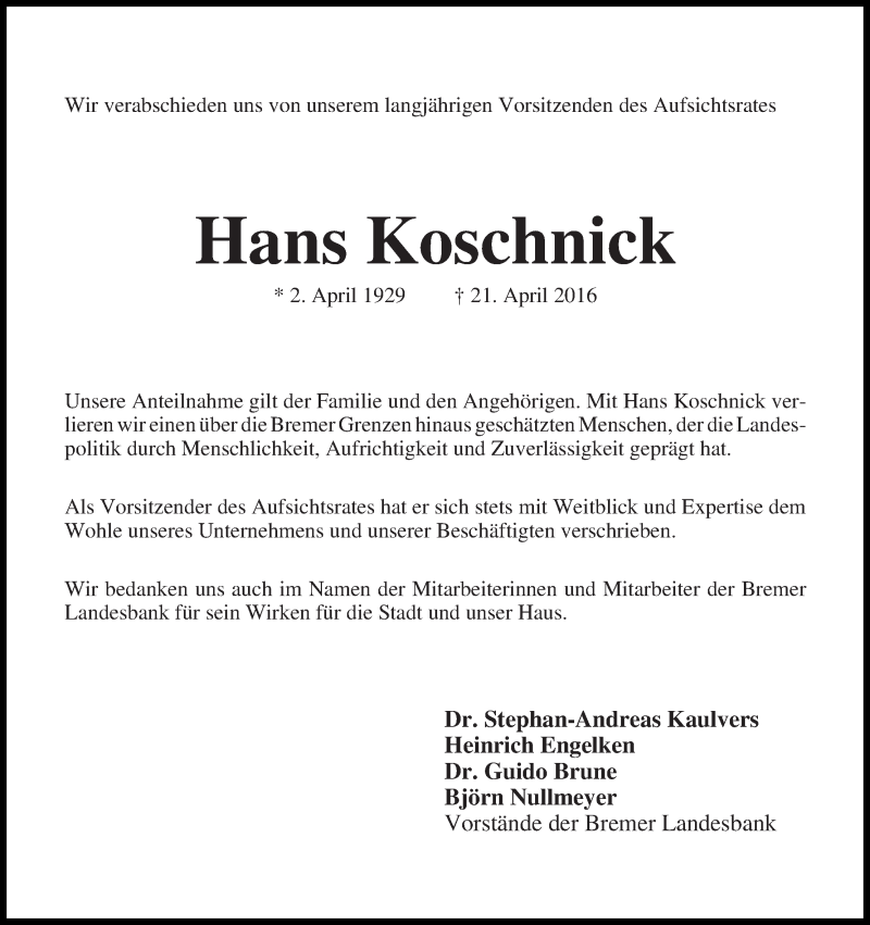  Traueranzeige für Hans Koschnick vom 04.05.2016 aus WESER-KURIER
