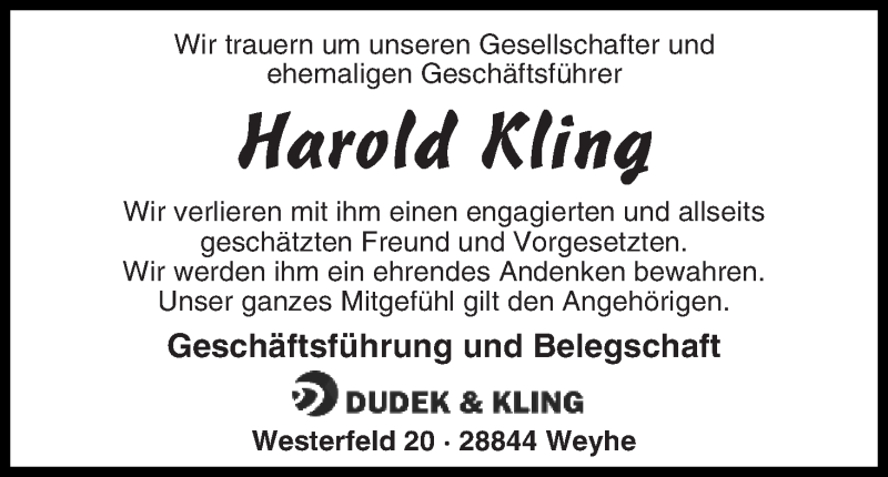  Traueranzeige für Harold Kling vom 03.06.2015 aus WESER-KURIER