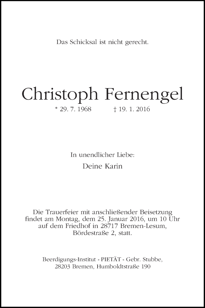  Traueranzeige für Christoph Fernengel vom 21.01.2016 aus WESER-KURIER