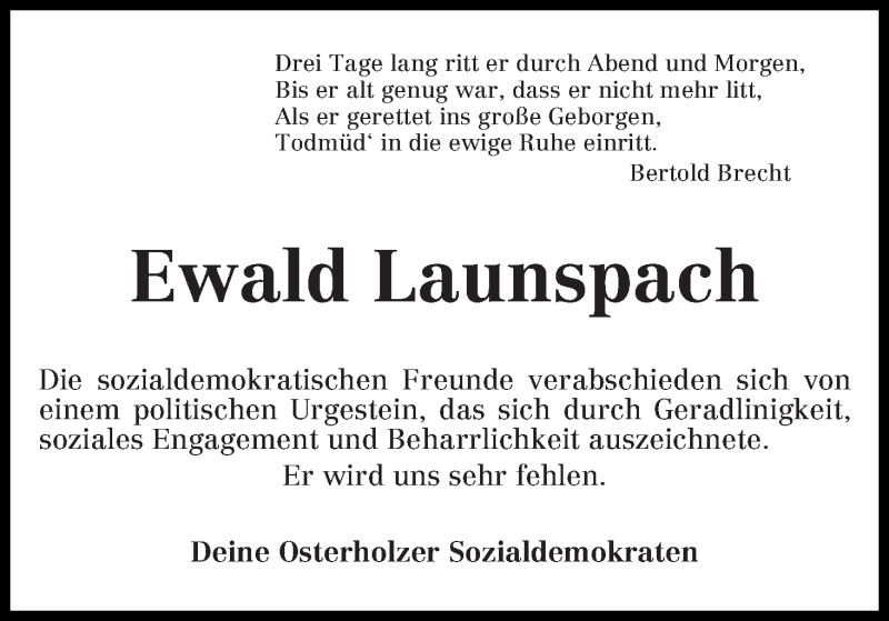  Traueranzeige für Ewald Launspach vom 29.04.2015 aus WESER-KURIER
