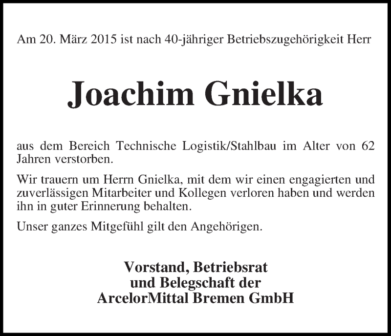  Traueranzeige für Joachim Gnielka vom 11.04.2015 aus WESER-KURIER