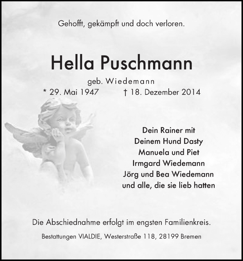  Traueranzeige für Hella Puschmann vom 20.12.2014 aus WESER-KURIER