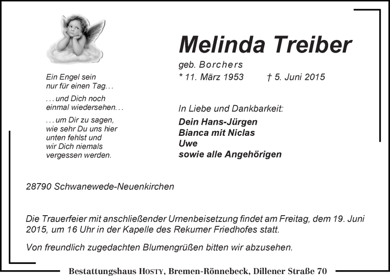  Traueranzeige für Melinda Treiber vom 09.06.2015 aus Die Norddeutsche