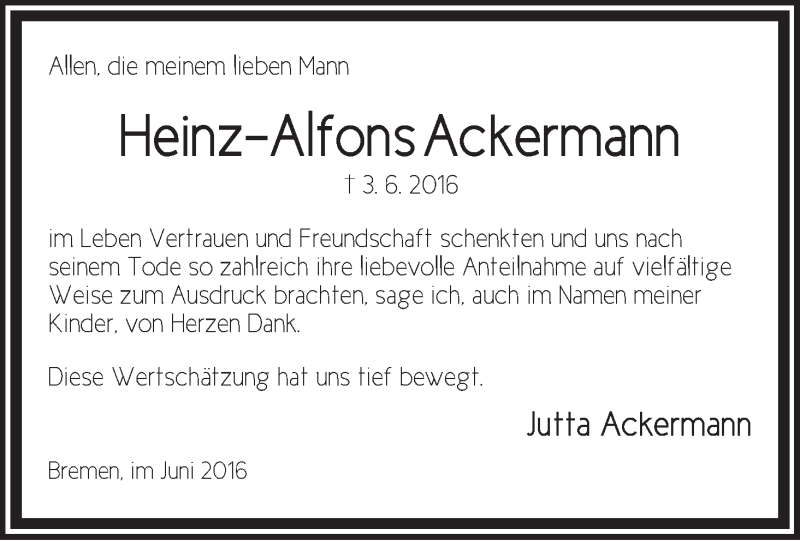  Traueranzeige für Heinz-Alfons Ackermann vom 18.06.2016 aus WESER-KURIER