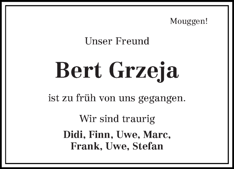  Traueranzeige für Bert Grzeja vom 25.07.2015 aus WESER-KURIER