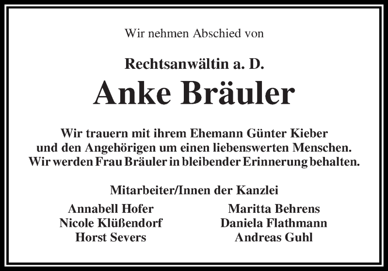  Traueranzeige für Anke Bräuler vom 02.02.2015 aus Wuemme Zeitung