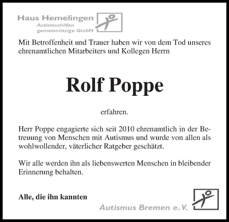  Traueranzeige für Rolf Poppe vom 03.02.2016 aus WESER-KURIER