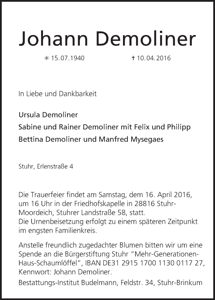  Traueranzeige für Johann Demoliner vom 14.04.2016 aus Regionale Rundschau/Syker Kurier